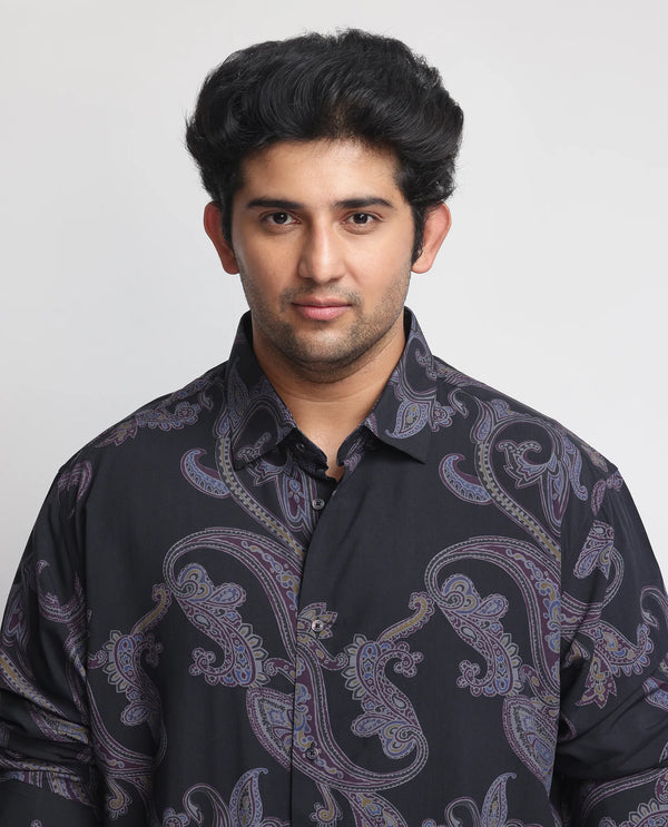 Rare Rabbit Men's Zeus Black Viscose Fabric Full Sleeves Paisley Print Shirt Plus Size