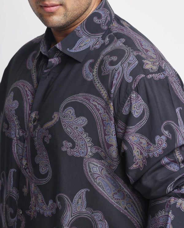 Rare Rabbit Men's Zeus Black Viscose Fabric Full Sleeves Paisley Print Shirt Plus Size