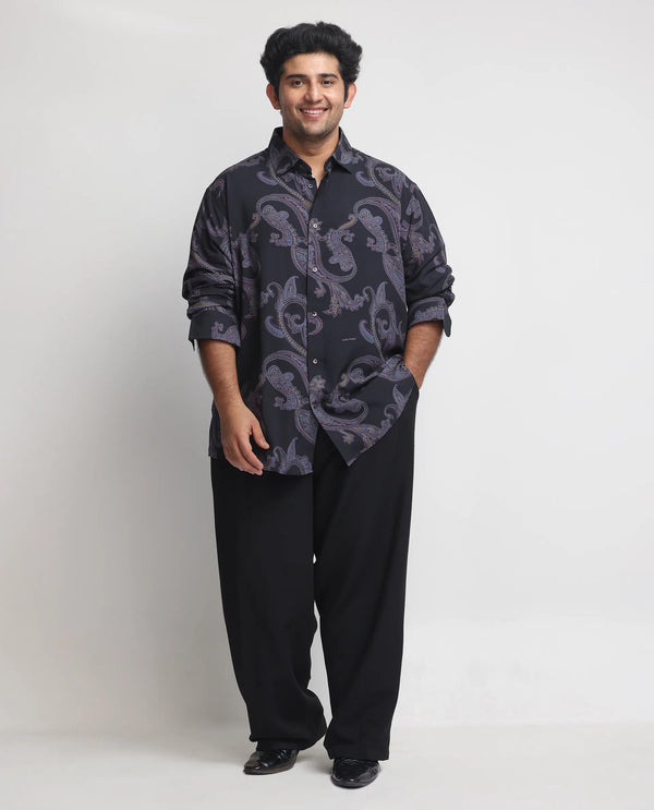 Rare Rabbit Men's Zeus Black Viscose Fabric Full Sleeves Paisley Print Shirt Plus Size