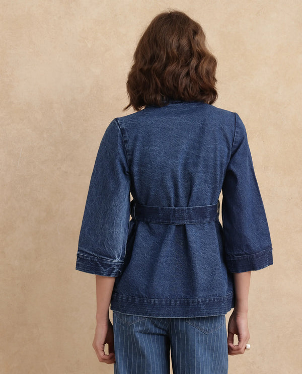 Rareism Women Zezo Blue Cotton Fabric Full Sleeve Regular Fit Plain Jacket