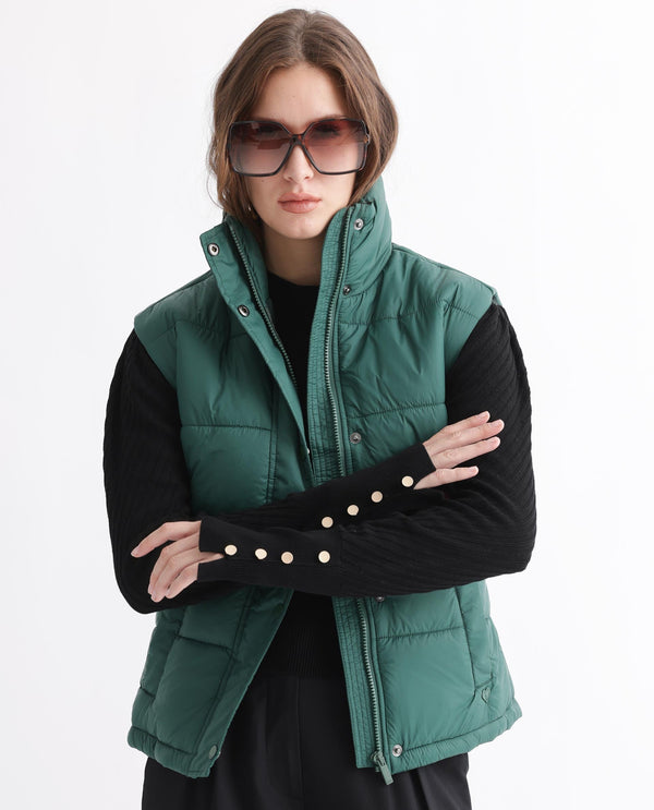 Rareism Women Ziazan Green Polyester Fabric Sleeveless Solid High Neck Jacket