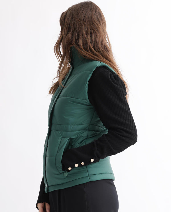 Rareism Women Ziazan Green Polyester Fabric Sleeveless Solid High Neck Jacket