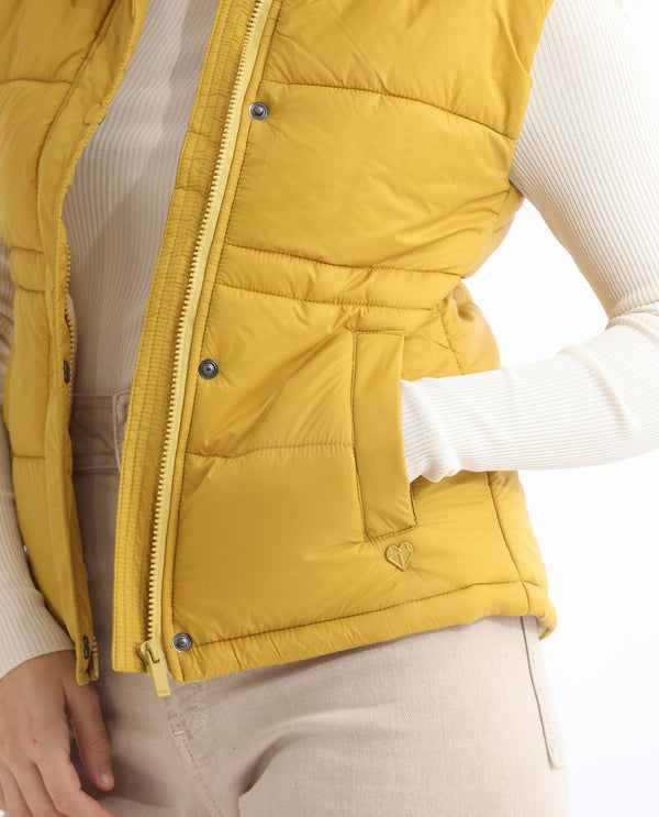 Rareism Women Ziazan Yellow Polyester Fabric Sleeveless Solid High Neck Jacket