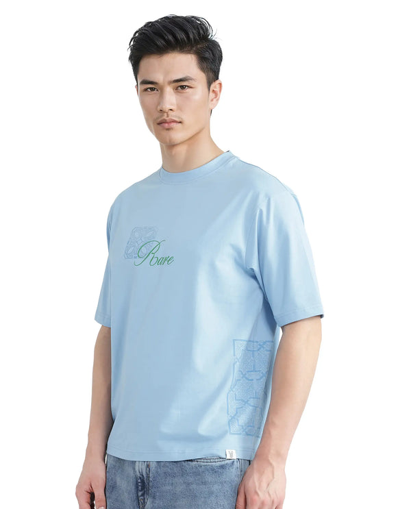 Rare Rabbit Men Zilos Light Blue Cotton Blend Fabric Short Sleeve Crew Neck HD Print T-Shirt