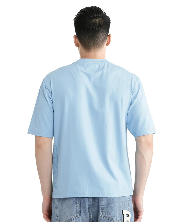 Rare Rabbit Men Zilos Light Blue Cotton Blend Fabric Short Sleeve Crew Neck HD Print T-Shirt