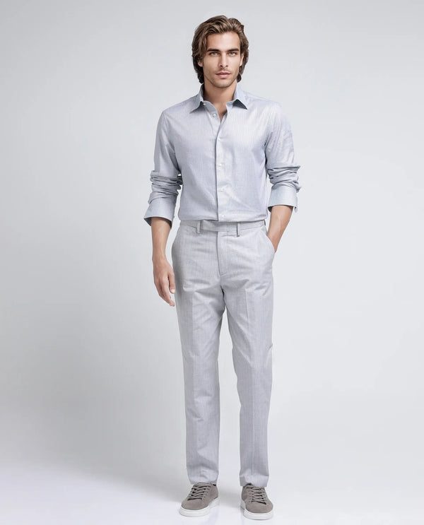 Rare Rabbit Men Zimba Grey Polyester Blend Straight Fit Formal Striped Trouser