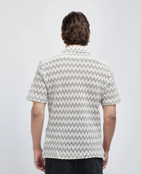 Rare Rabbit Men's Zina Off White Cotton Fabric Short Sleeve Collared Neck Knitted Shirt