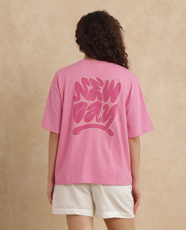 Rareism Women Zines Pink Cotton Blend Fabric Short Sleeve Crew Neck Oversized Fit Graphic Print T-Shirt