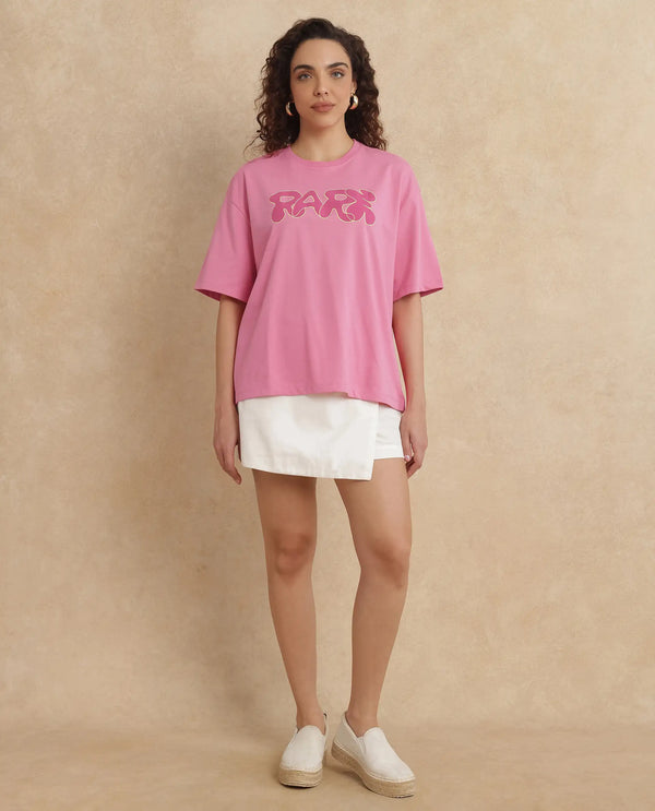 Rareism Women Zines Pink Cotton Blend Fabric Short Sleeve Crew Neck Oversized Fit Graphic Print T-Shirt