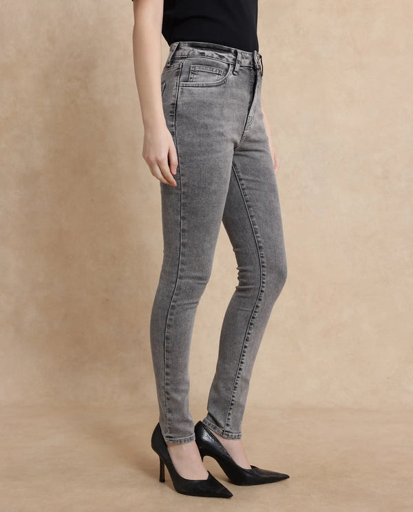 Rareism Women Zingal Grey Cotton Polyester Fabric Plain Jeans