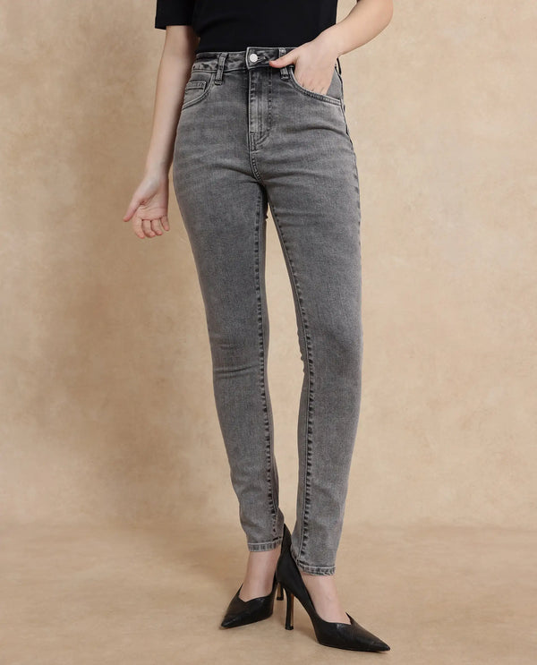 Rareism Women Zingal Grey Cotton Polyester Fabric Plain Jeans