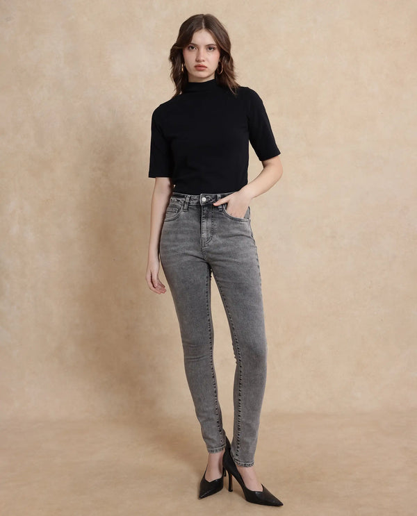 Rareism Women Zingal Grey Cotton Polyester Fabric Plain Jeans