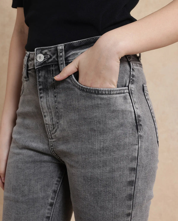 Rareism Women Zingal Grey Cotton Polyester Fabric Plain Jeans