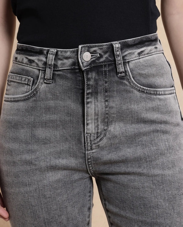 Rareism Women Zingal Grey Cotton Polyester Fabric Plain Jeans