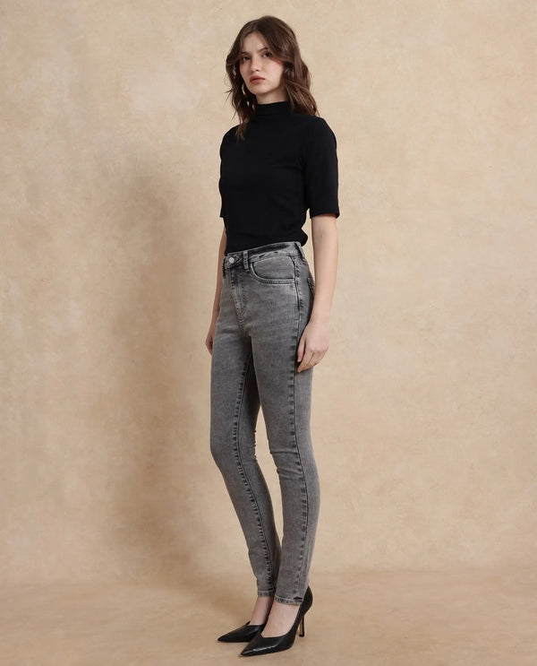 Rareism Women Zingal Grey Cotton Polyester Fabric Plain Jeans