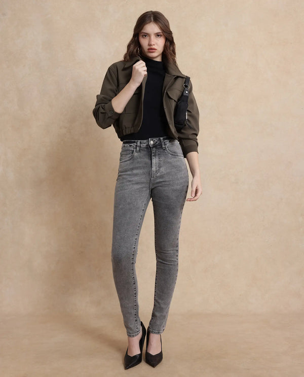 Rareism Women Zingal Grey Cotton Polyester Fabric Plain Jeans