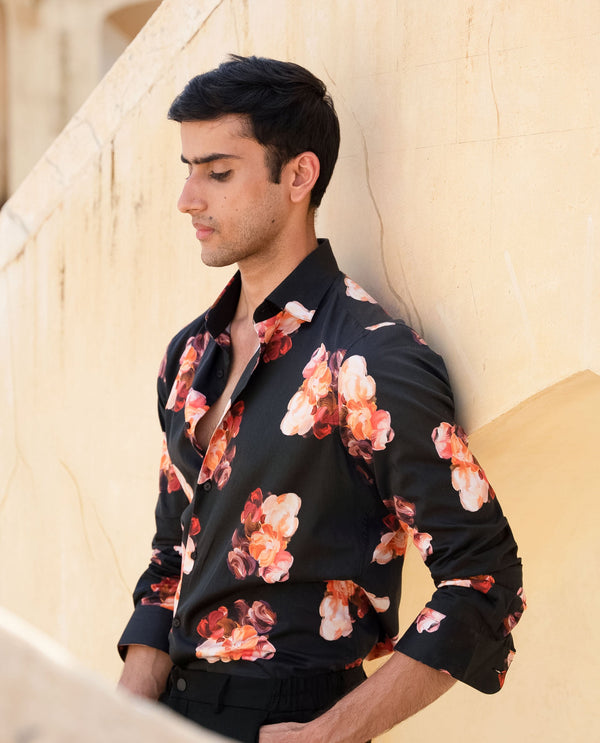 Rare Rabbit Men's Zinnia Black Cotton Fabric Floral Print Full Sleeves Shirt