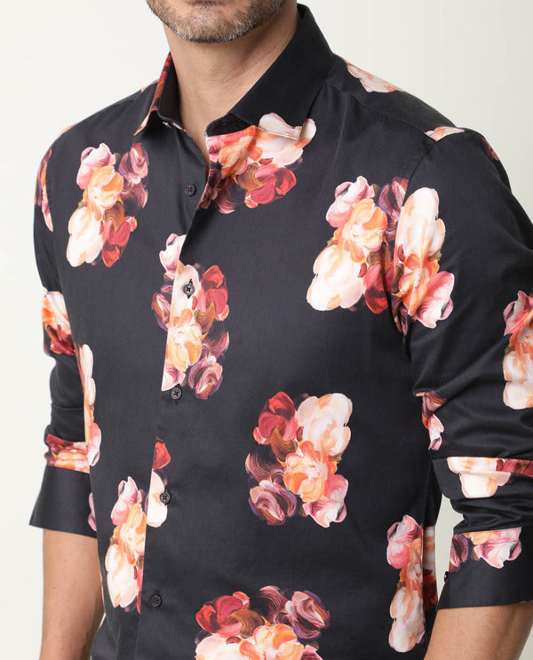 Rare Rabbit Men's Zinnia Black Cotton Fabric Floral Print Full Sleeves Shirt