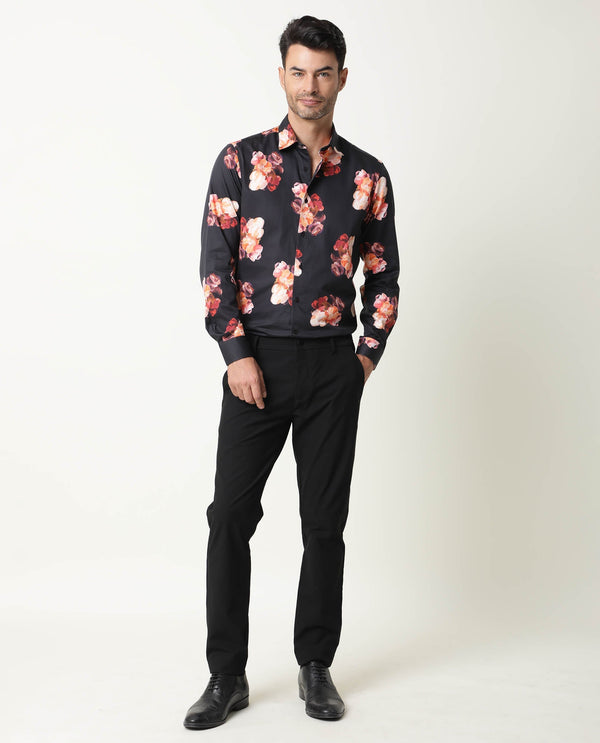 Rare Rabbit Men's Zinnia Black Cotton Fabric Floral Print Full Sleeves Shirt