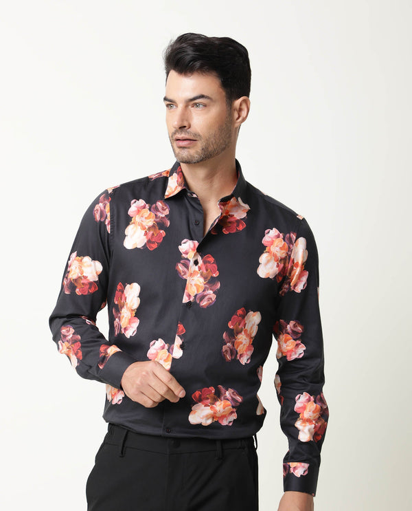 Rare Rabbit Men's Zinnia Black Cotton Fabric Floral Print Full Sleeves Shirt