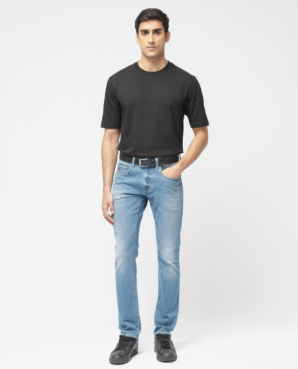 Rare Rabbit Mens Zinon Blue Cotton Elastane Fabric Solid Slim Fit Jeans
