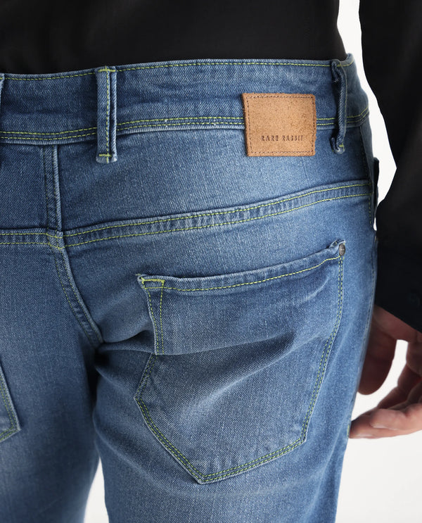 Rare Rabbit Mens Zinon Blue Cotton Elastane Fabric Solid Slim Fit Jeans