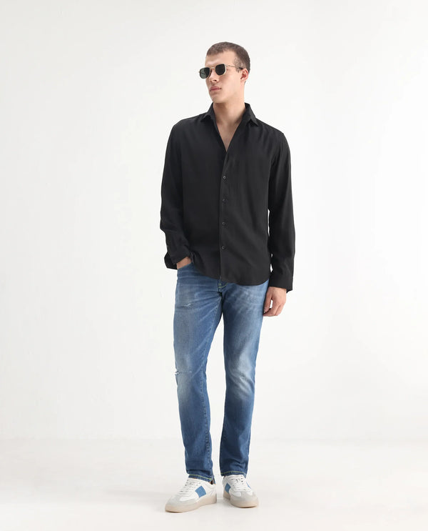 Rare Rabbit Mens Zinon Blue Cotton Elastane Fabric Solid Slim Fit Jeans