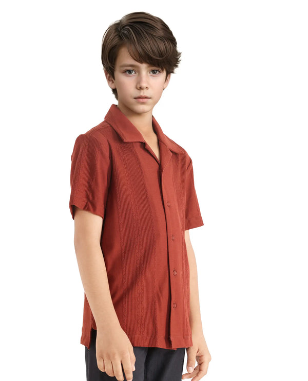 Rare Ones Kids Zinon Rust Cotton Full Sleeve Cuban Collar Jacquard Shirt