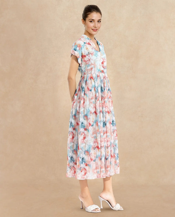 Rareism Women Zinuzu Light Multi Extended Sleeves V-Neck Fit And Flare Midi Floral Print Dress