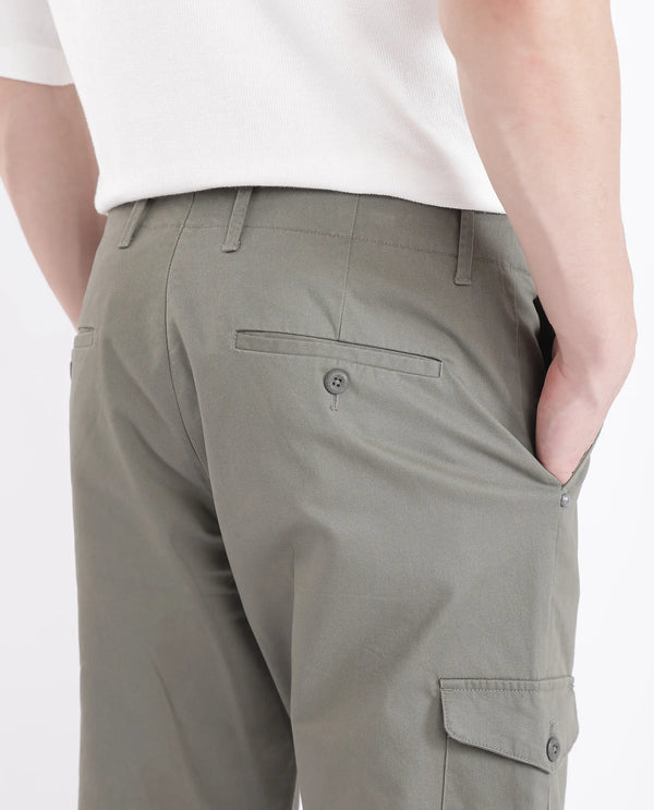 Rare Rabbit Men Zipe Dusky Olive Dobby Stretch Regular Fit Cargo Style Plain Trouser