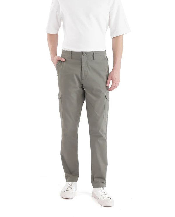 Rare Rabbit Men Zipe Dusky Olive Dobby Stretch Regular Fit Cargo Style Plain Trouser