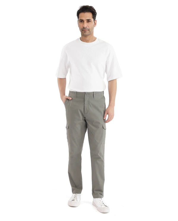 Rare Rabbit Men Zipe Dusky Olive Dobby Stretch Regular Fit Cargo Style Plain Trouser