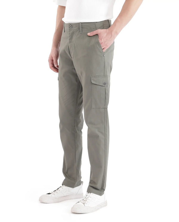 Rare Rabbit Men Zipe Dusky Olive Dobby Stretch Regular Fit Cargo Style Plain Trouser