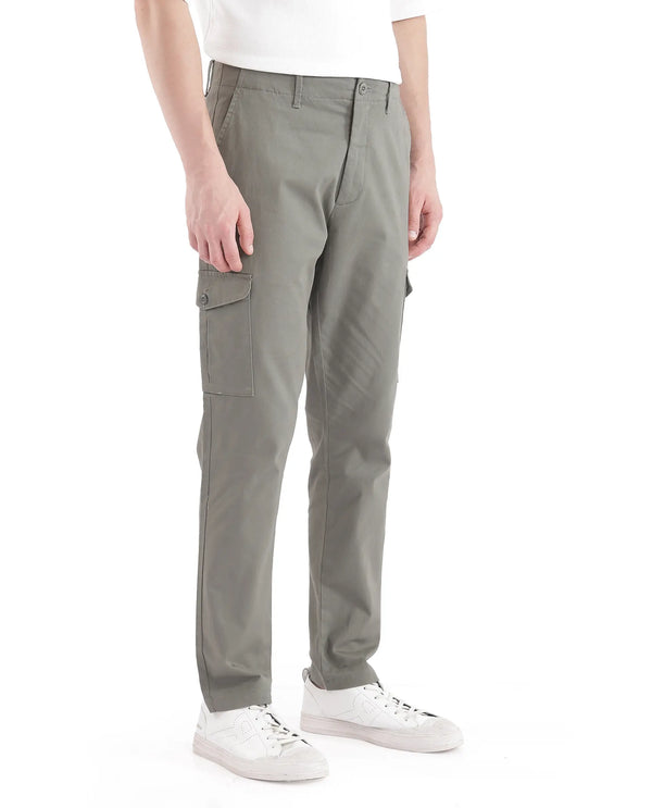Rare Rabbit Men Zipe Dusky Olive Dobby Stretch Regular Fit Cargo Style Plain Trouser
