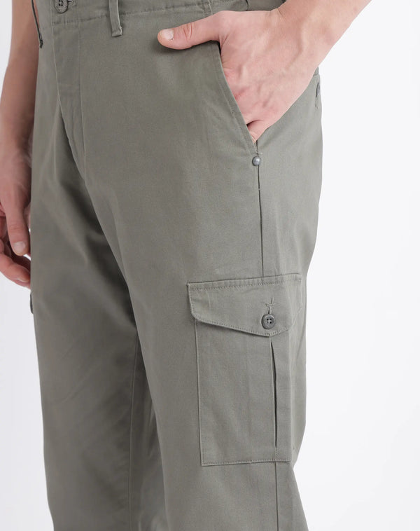 Rare Rabbit Men Zipe Dusky Olive Dobby Stretch Regular Fit Cargo Style Plain Trouser