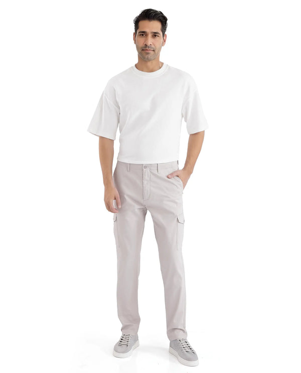 Rare Rabbit Men Zipe Light Grey Dobby Stretch Regular Fit Cargo Style Plain Trouser