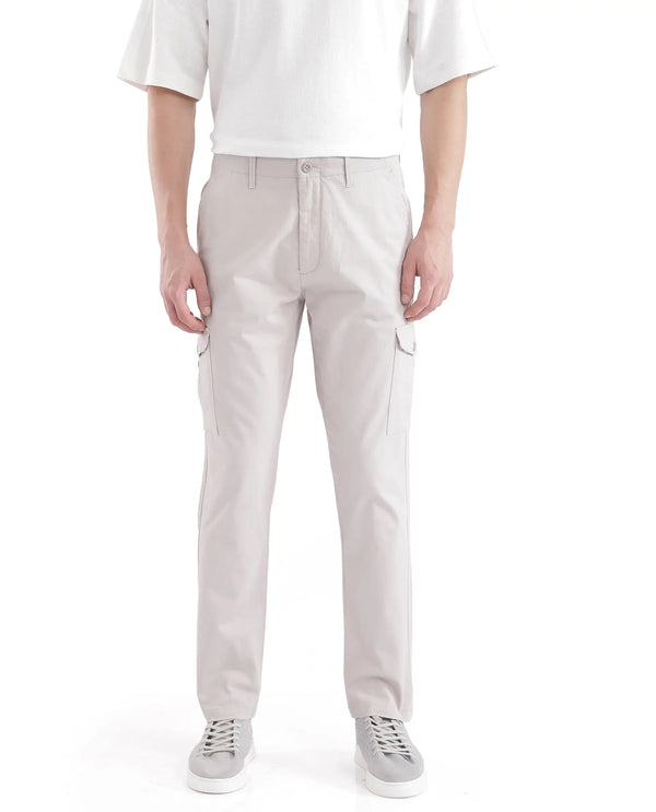 Rare Rabbit Men Zipe Light Grey Dobby Stretch Regular Fit Cargo Style Plain Trouser
