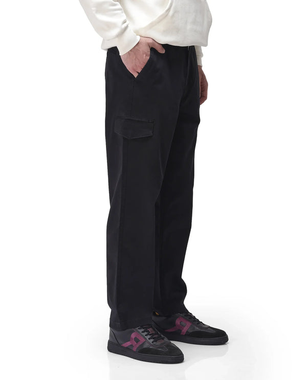 Rare Rabbit Men's Zipo Black Cotton Fabric Mid Rise Regular Fit Solid Cargo Trouser
