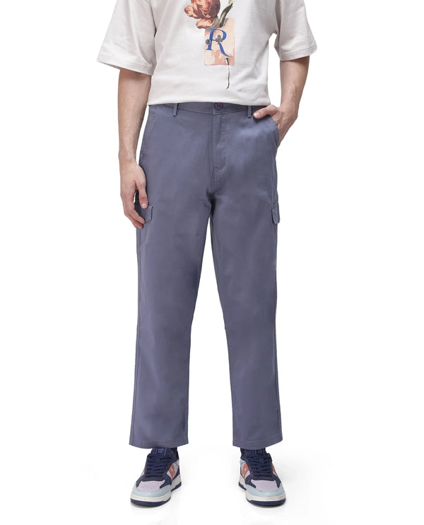 Rare Rabbit Men's Zipo Dusky Blue Cotton Fabric Mid Rise Regular Fit Solid Cargo Trouser