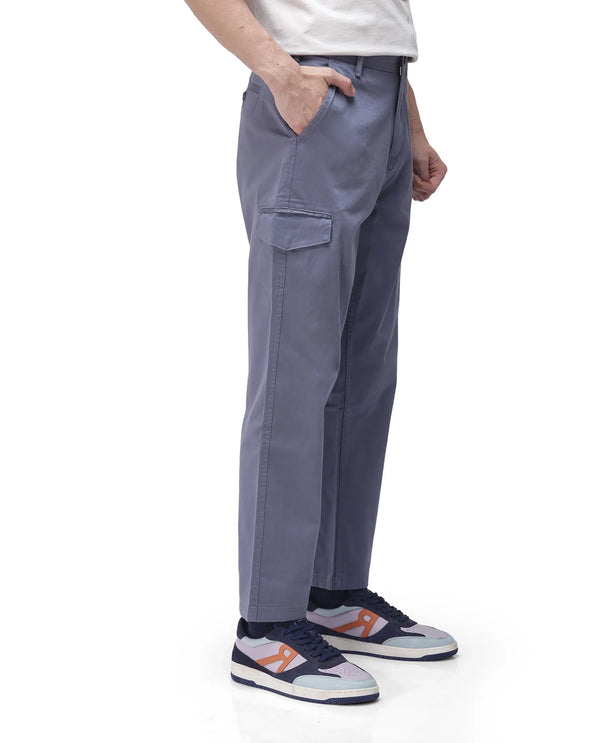 Rare Rabbit Men's Zipo Dusky Blue Cotton Fabric Mid Rise Regular Fit Solid Cargo Trouser