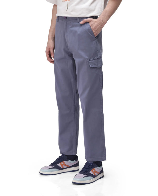 Rare Rabbit Men's Zipo Dusky Blue Cotton Fabric Mid Rise Regular Fit Solid Cargo Trouser