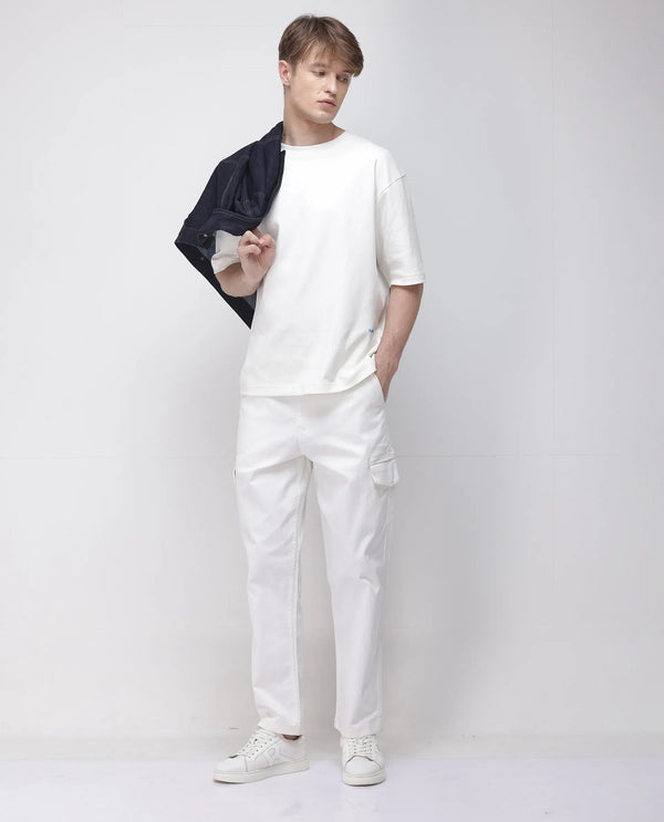 Rare Rabbit Men's Zipo White Cotton Fabric Mid Rise Regular Fit Solid Cargo Trouser