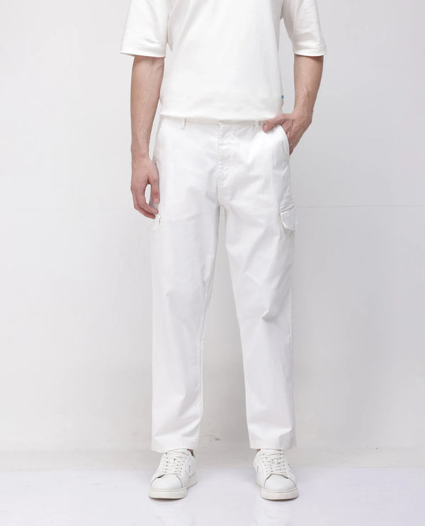 Rare Rabbit Men's Zipo White Cotton Fabric Mid Rise Regular Fit Solid Cargo Trouser