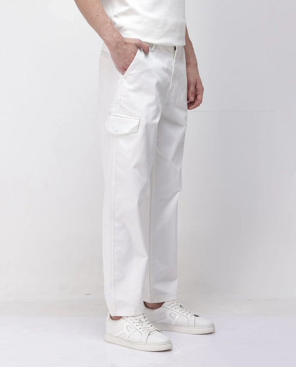 Rare Rabbit Men's Zipo White Cotton Fabric Mid Rise Regular Fit Solid Cargo Trouser
