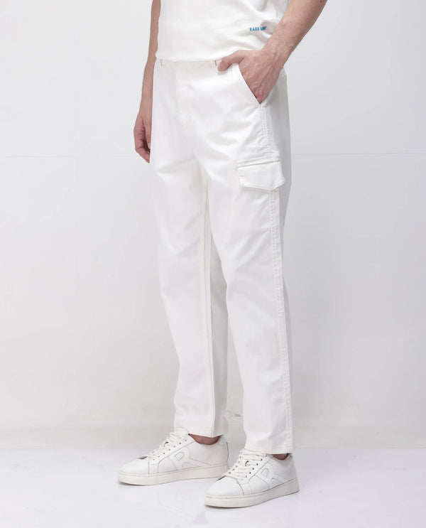 Rare Rabbit Men's Zipo White Cotton Fabric Mid Rise Regular Fit Solid Cargo Trouser