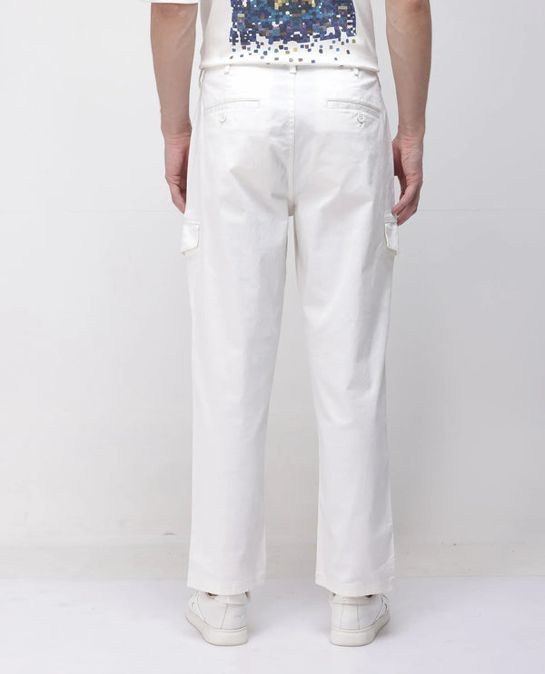 Rare Rabbit Men's Zipo White Cotton Fabric Mid Rise Regular Fit Solid Cargo Trouser