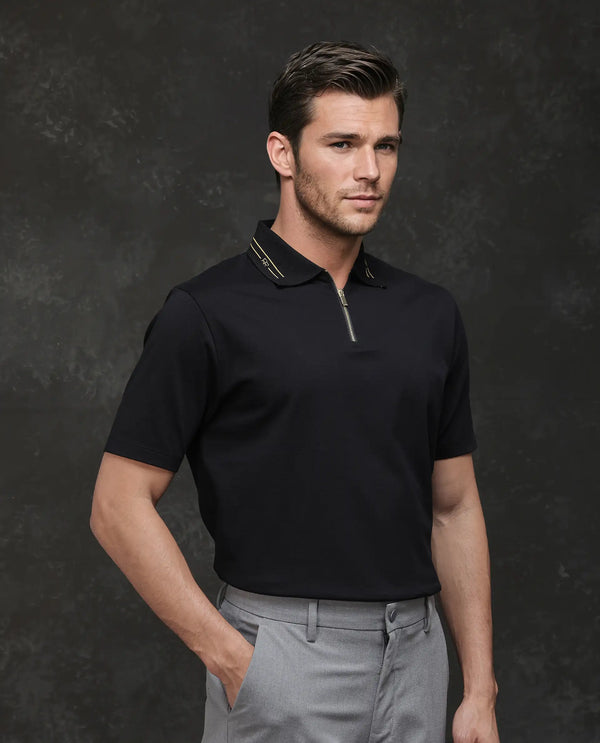 Rare Rabbit Men Zire-25 Black Cotton Fabric Short Sleeve Collared Neck Zipper Closure Plain Polo