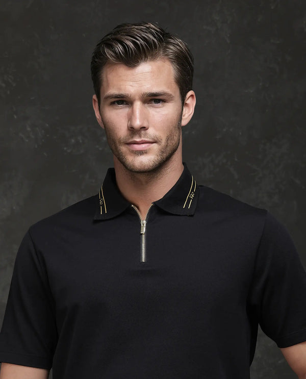 Rare Rabbit Men Zire-25 Black Cotton Fabric Short Sleeve Collared Neck Zipper Closure Plain Polo