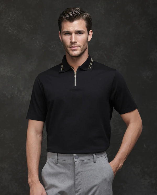 Rare Rabbit Men Zire-25 Black Cotton Fabric Short Sleeve Collared Neck Zipper Closure Plain Polo