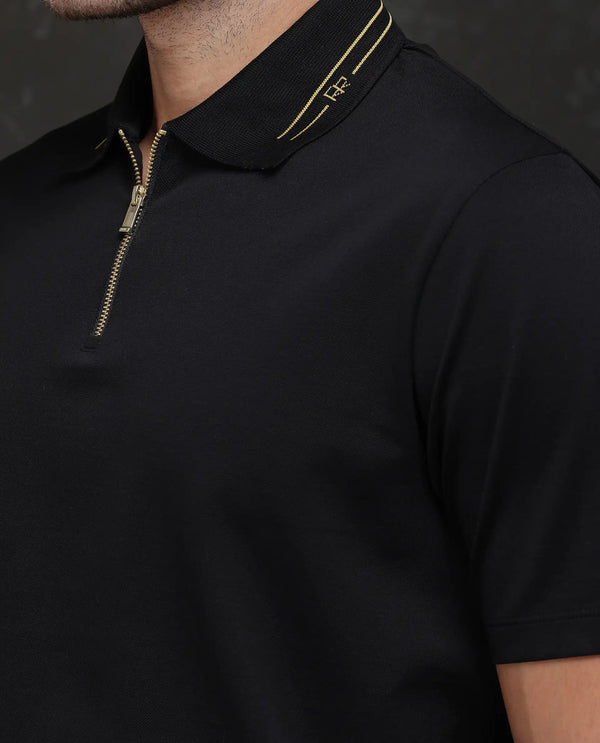 Rare Rabbit Men Zire-25 Black Cotton Fabric Short Sleeve Collared Neck Zipper Closure Plain Polo